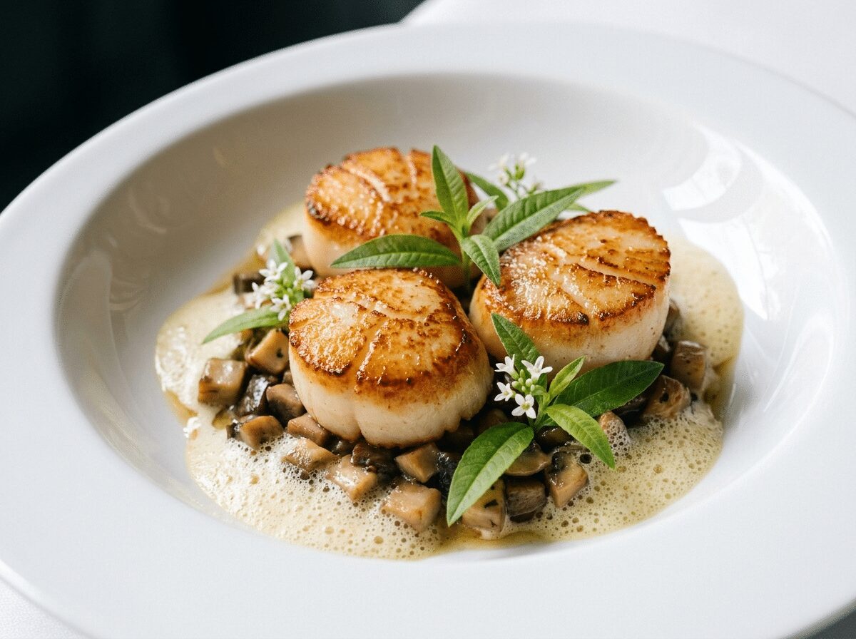 Champignons et noix de Saint-Jacques a la verveine