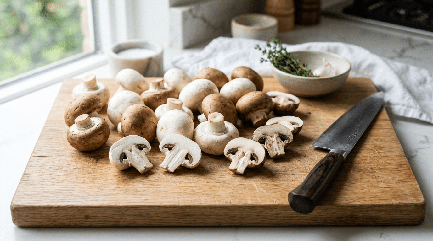 Champignons de Paris blancs et bruns frais sur une planche