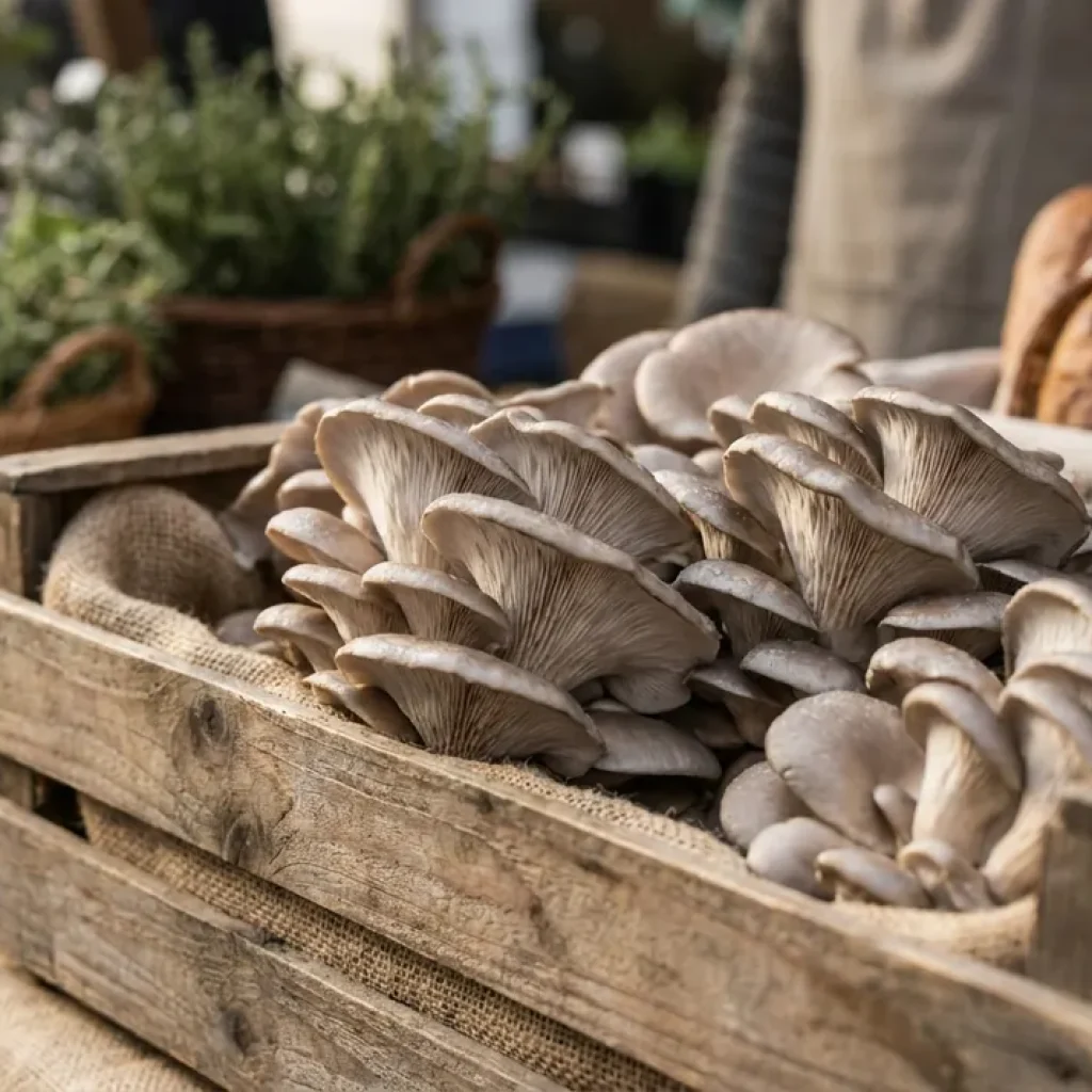 Pleurotes frais à acheter sur un étal de marché