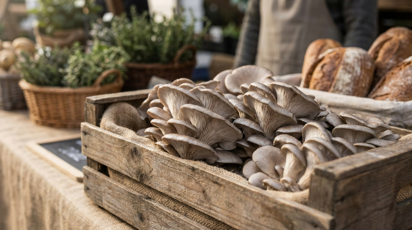 Pleurotes frais à acheter sur un étal de marché