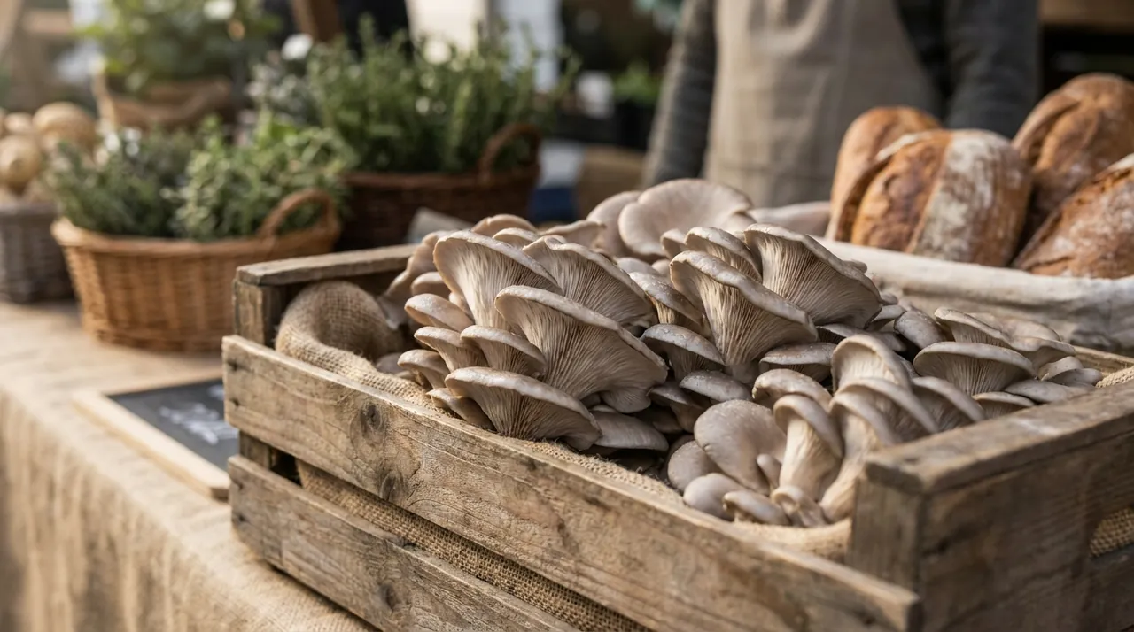Pleurotes frais à acheter sur un étal de marché