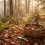 Panier en osier pour la cueillette des champignons posé sur un sol forestier couvert de feuilles d'automne