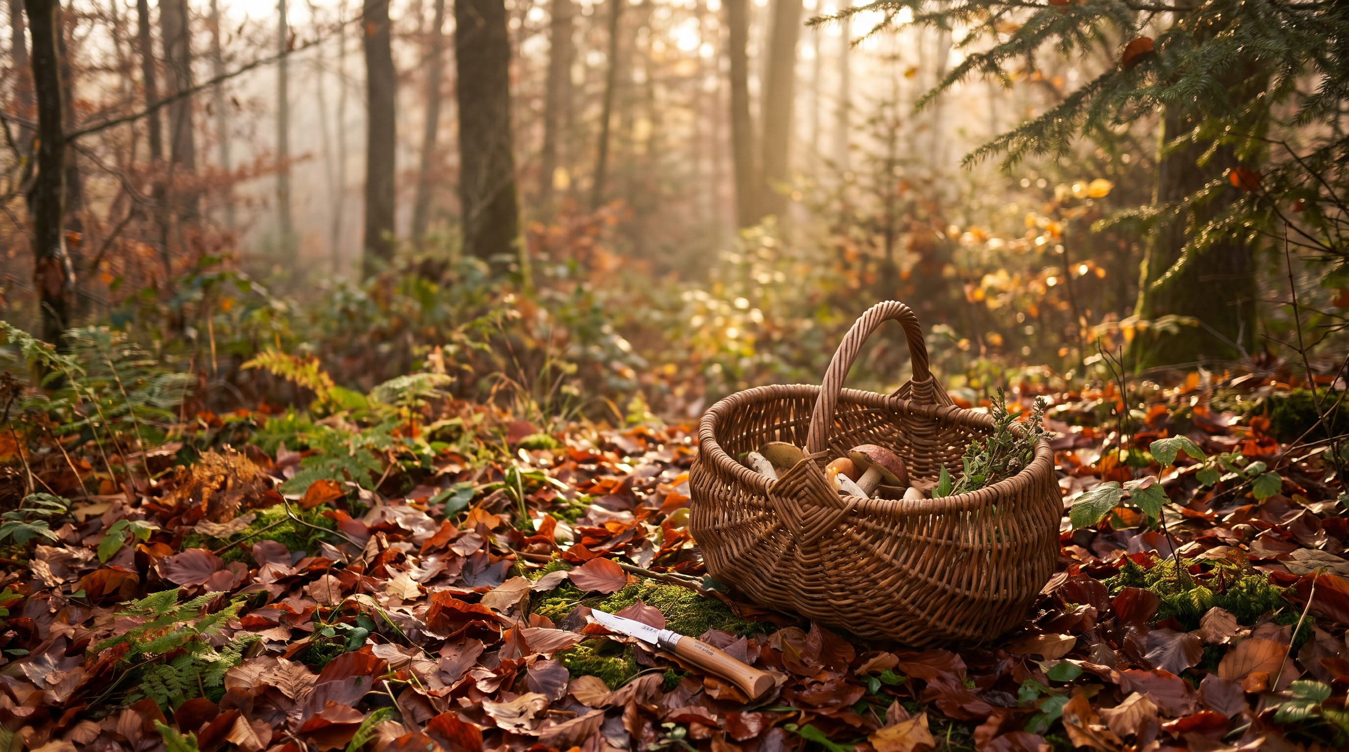 Panier en osier pour la cueillette des champignons posé sur un sol forestier couvert de feuilles d'automne