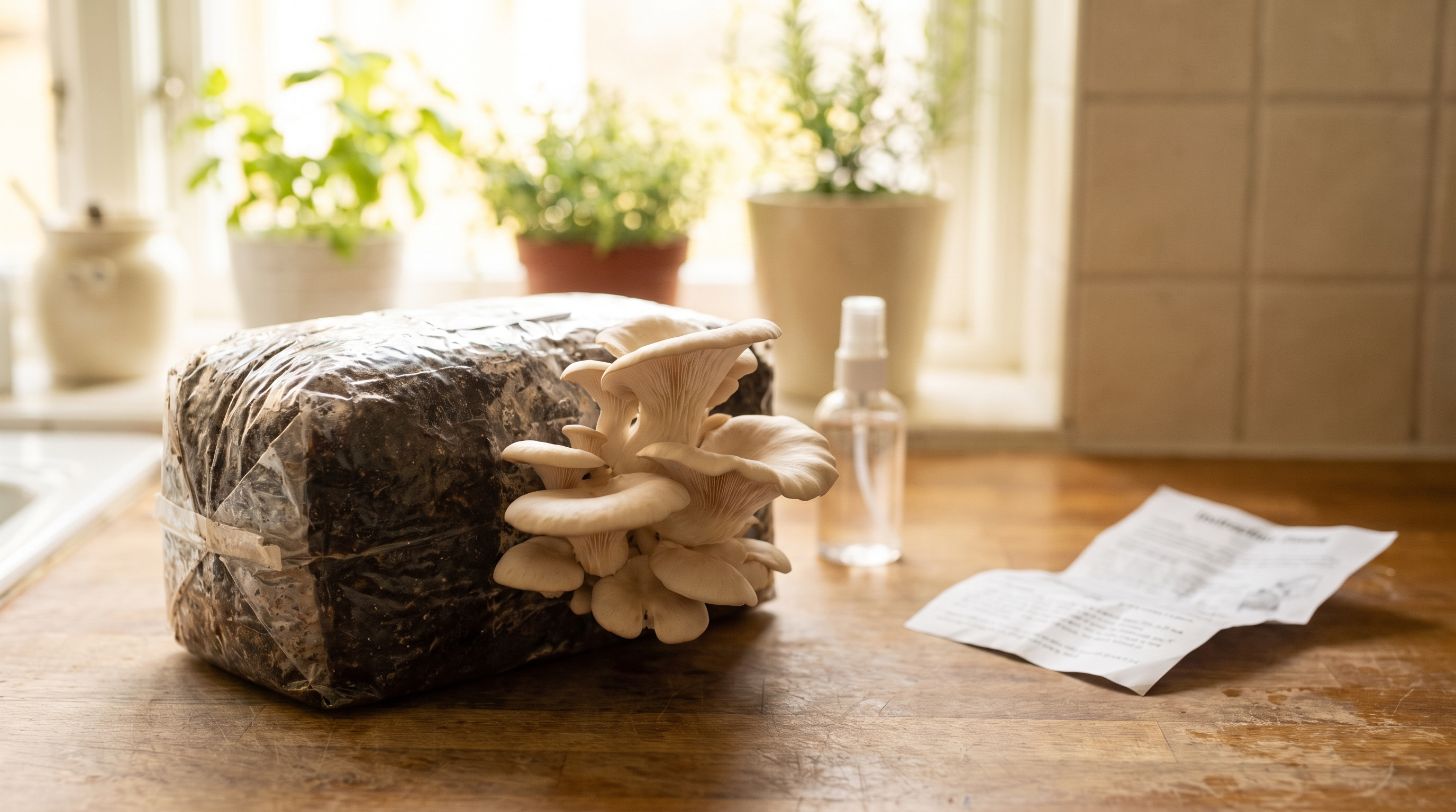 Pleurotes cultivés poussant sur un substrat, culture de champignons à la maison