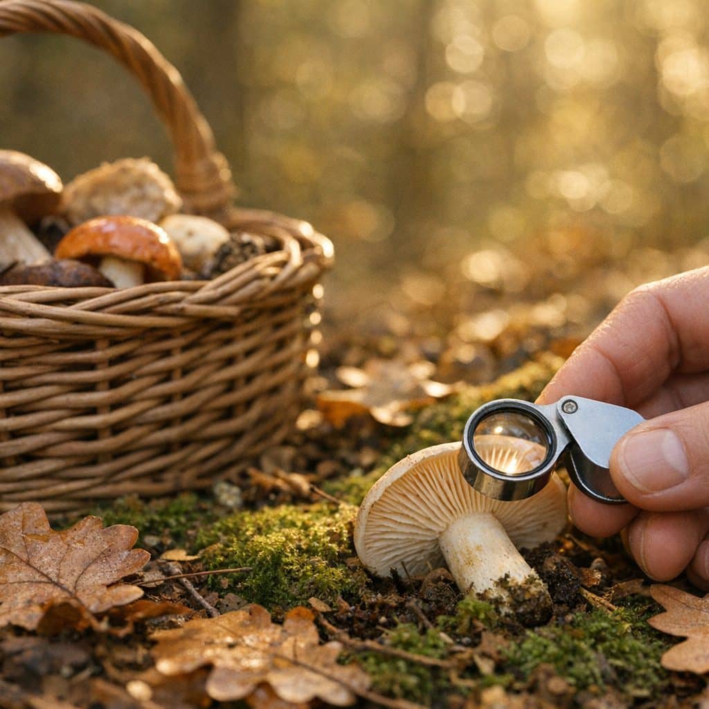 Cueilleur examinant les lames d'un champignon à la loupe en forêt pour éviter les champignons toxiques