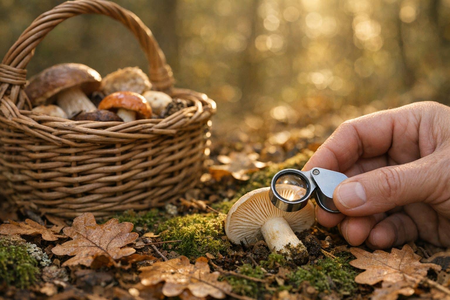 Cueilleur examinant les lames d'un champignon à la loupe en forêt pour éviter les champignons toxiques